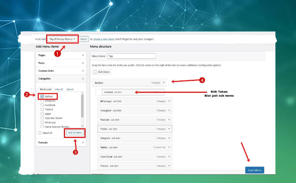Saat membangun sebuah website, suatu komponen penting adalah menyediakan sistem navigasi untuk memudahkan pengguna. Salah satunya dengan cara menambah menu di WordPress. Menu ini berupa tautan untuk terhubung dengan halaman lain di website tersebut. Penempatan fitur tersebut umumnya berada di sebelah atas halaman utama, sesudah header. Fungsi Menu pada Website  Sumber gambar : Dokumen penulis edit by Adobe Illustrator Jika menambahkan fitur ini di halaman utama, tentu akan ada banyak manfaat. Di antaranya adalah: Memudahkan Navigasi Pertama, fungsi fitur ini adalah untuk memberikan kemudahan bagi pengunjung dalam menemukan konten yang mereka perlukan. Cukup dengan klik menu, maka daftar artikel atau halaman lain akan terbuka. Cepat Memperoleh Sitelink Pada hasil pencarian Google, kadang ada tautan untuk menuju beberapa halaman suatu situs web. Keberadaan sitelink ini karena mesin pencari tersebut menyukai konten-konten website, karena adanya saling keterkaitan. Salah satu cara agar cepat memperoleh sitelink yaitu dengan menyusun menu dan sub menu. Pasalnya, tautan situs ini umumnya berasal dari fitur tersebut. Meningkatkan Kredibilitas Website Fungsi ketiga adalah membuat tampilan sebuah situs menjadi tampak profesional. Nyatanya, website yang tertata rapi dan memiliki navigasi baik akan terlihat kredibel. Tentu saja hal ini juga membuat pengunjung lebih betah. Hal yang Perlu Menjadi perhatian ketika Membuat Menu Cara menambahkan menu bar di WordPress cukup mudah. Namun, Anda harus memperhatikan beberapa hal di bawah ini. Hindari menambahkan lebih dari tujuh menu. Pasalnya tentang kemampuan manusia dalam ingatan jangka pendeknya hanya sejumlah itu saja. Sertakan logo yang mengandung link untuk kembali ke halaman utama. Pilihlah template menu yang responsif, sehingga kompatibel untuk semua jenis perangkat, baik laptop maupun smartphone. Cara Membuat Tab Menu di WordPress Setelah mengetahui fungsi dan tipsnya, sekarang saatnya memahami bagaimana cara membuatnya. Ada beberapa langkah yang harus Anda lakukan, yaitu. Buat Menu Baru  Sumber gambar : Dokumen penulis edit by Adobe Illustrator Pertama, masuklah ke dashboard Admin WordPress Anda. Lalu, buatlah menu baru pada website dengan cara klik tombol Tampilan, kemudian tekan opsi menu. Selanjutnya, halaman konfigurasi akan muncul pada layar. Anda akan mendapati dua pilihan, yaitu untuk mengedit atau membuat menu baru. Jika ingin membuat yang baru, klik saja pada pilihan tersebut. Setelah halaman baru terbuka, isilah pengaturannya. Di antaranya adalah dengan menambahkan nama, lokasi peletakan. Jika sudah, silakan langsung klik pada tombol Buat Menu. Menambahkan Item pada Menu  Sumber gambar : Dokumen penulis edit by Adobe Illustrator Apabila menu baru sudah siap, saatnya untuk mulai mengisinya. Cek bagian kiri layar, ada opsi untuk menambahkan item. Caranya adalah: Klik Laman. Selanjutnya, pilih tab lihat semua. Beri centang pada Pilih Semua. Akhiri dengan menekan tombol Tambahkan Ke Menu. Dengan demikian, semua item yang ada di laman akan masuk ke menu. Anda bisa mengeceknya di bagian kanan layar. Lanjutkan mengatur posisinya dengan cara drag and drop. Selanjutnya, jika ingin membuat submenu, letakkan item di bawah menu utama. Kemudian, geser sedikit ke arah kanan, sehingga posisinya sedikit menjorok ke dalam. Menambahkan Kategori  Sumber gambar : Dokumen penulis edit by Adobe Illustrator Selanjutnya, ini merupakan cara menambah menu kategori di WordPress. Langkah-langkahnya cukup mudah, yaitu seperti saat menambahkan menu laman. Hanya saja, kali ini pilih kategori.  Item-item yang terdapat pada kategori ini bisa Anda jadikan submenu. Langkahnya seperti yang diuraikan sebelumnya. Apabila semua langkah selesai, klik pada tombol simpan menu. Cara menambah menu di WordPress ini relatif mudah dan cepat. Kendati demikian, efeknya sangat bagus bagi website Anda. Jadi, jangan lewati langkah ini, agar pengalaman pengunjung lebih maksimal.